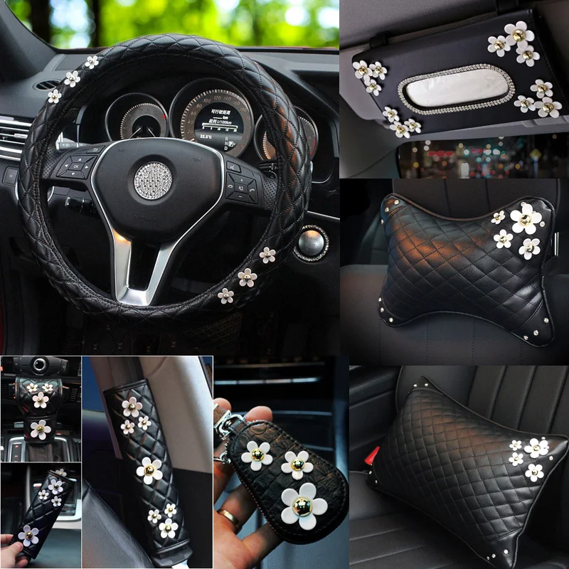 Cute Daisy Flower Car Interior Decoration Leather Steering Wheel Cover Hand brake Shifter Gear Cover Seatbelt Car Accessories Cute Daisy Flower Car Interior Decoration Leather Steering Wheel Cover Hand brake Shifter Gear Cover Seatbelt Car Accessories