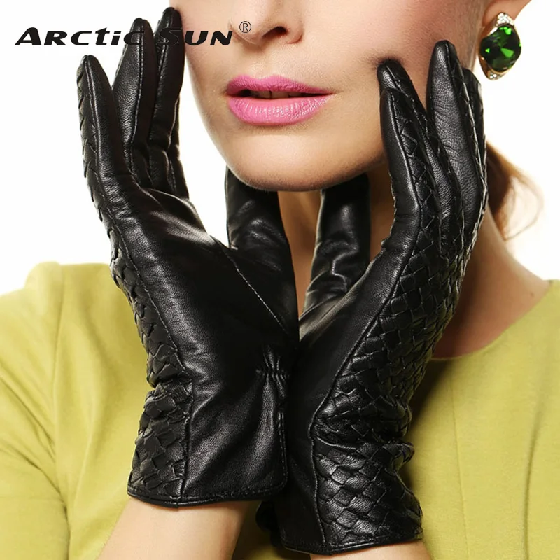 

High-end sheepskin gloves women winter warm Genuine leather gloves fashion wrist weave leather gloves lady driving gloves