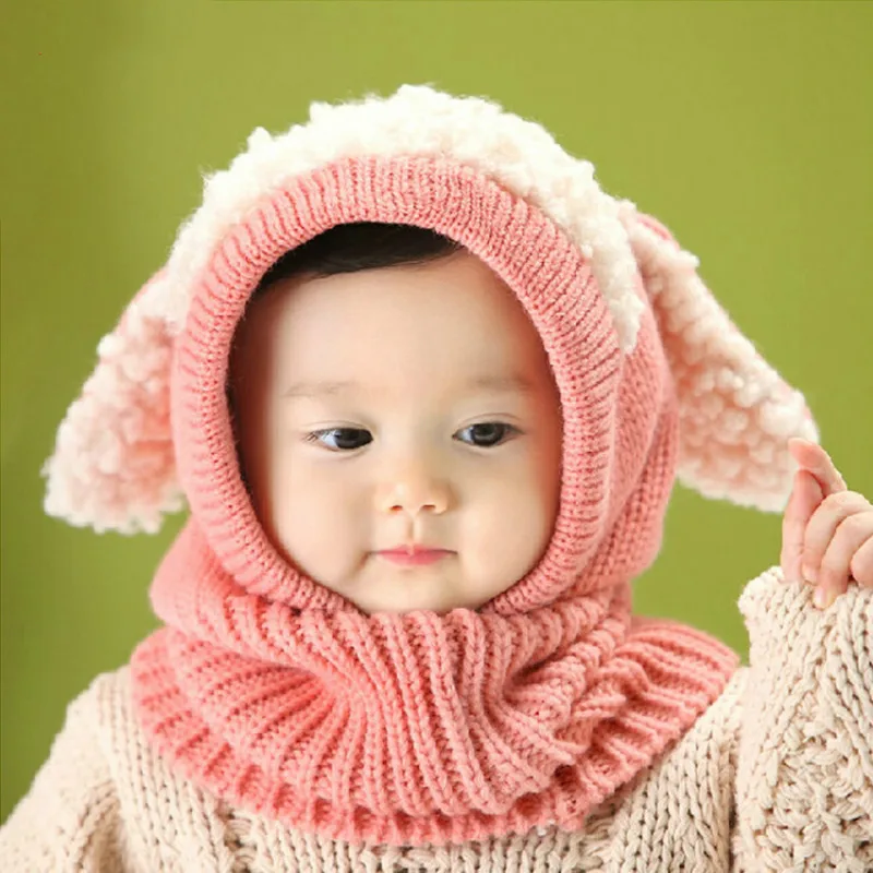 Winter Cute Dog Pattern Warm Wool Hooded Scarf Baby Hats Newborn Fotografia Photography Props Boys Girls Toddler Cap Beanie Baby
