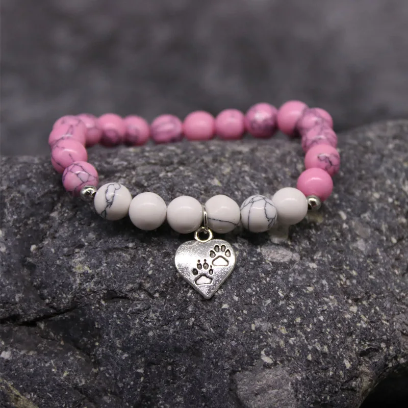 

BLINGPAW New Cat Dog Paw Pink Nature Stone Bead Bracelet Dog Paws Charm Bracelet Dog Loss Gift