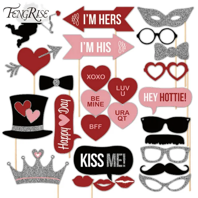 FENGRISE 27pcs Just Married Photo Booth Props Photobooth Wedding Favors Glasses Paper Card Funny Mask Party Decoration Photocall