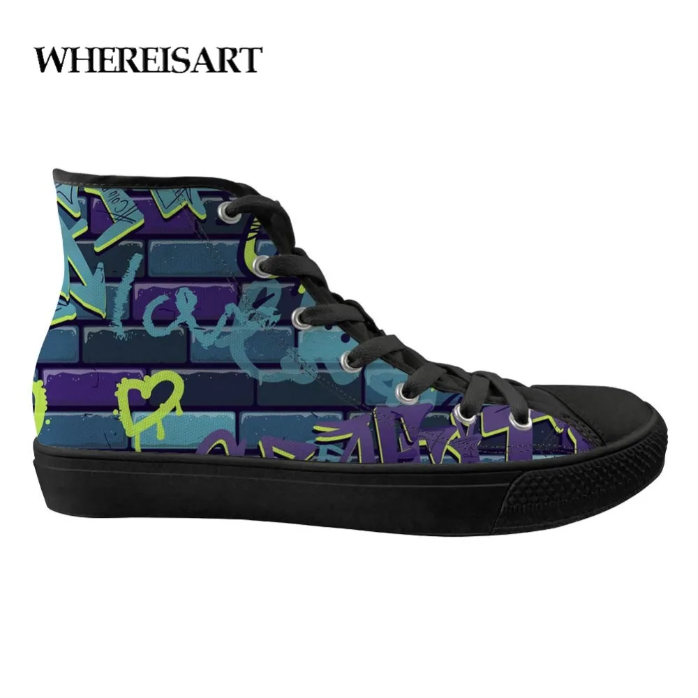 WHEREISART Simple Design Graffiti Pattern Men's Vulcanized Shoes Printing Men's High To Help Casual Teen Boys Canvas Shoes