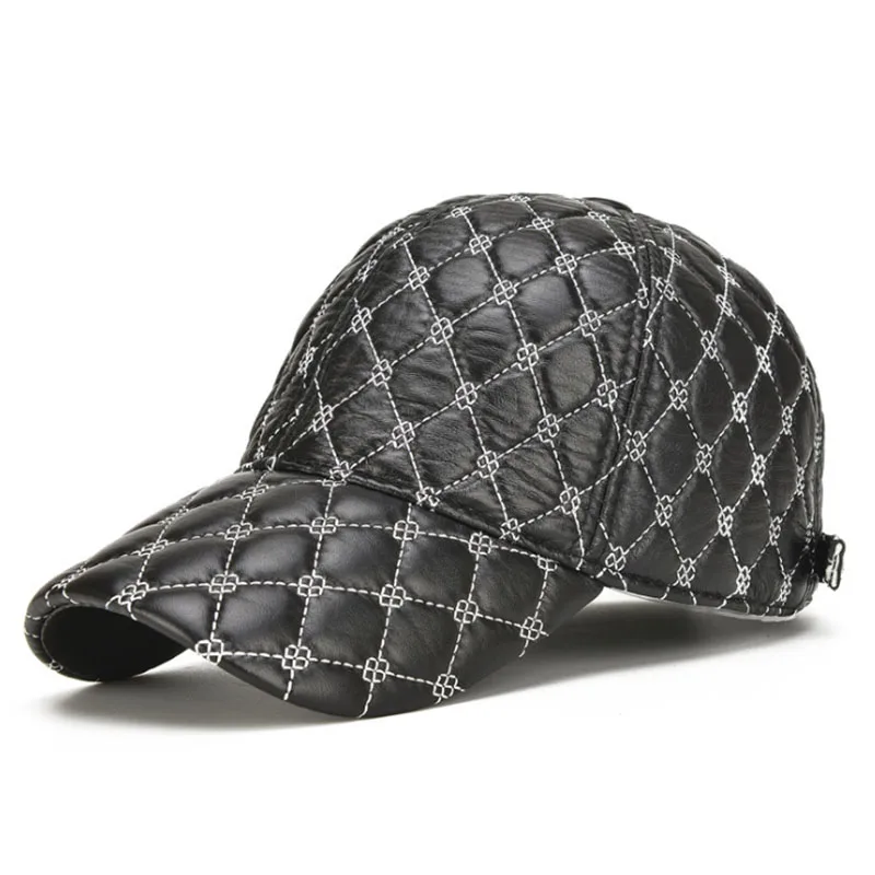  [AETRENDS]Winter Hats for Men Black Full Plaid Genuine Leather Cap Mens Baseball Cap Dad Hat Trendi