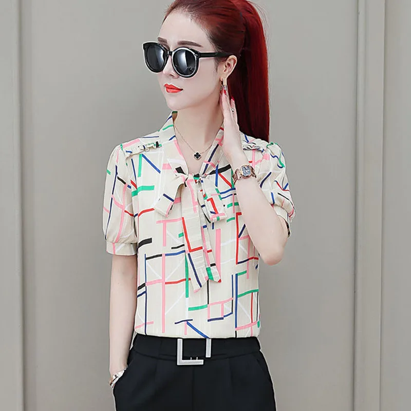 

Women Spring Summer Style Chiffon Blouses Shirts Lady Casual Short Sleeve V-Neck Bow Tie Blusas Tops Blue Red DF2686