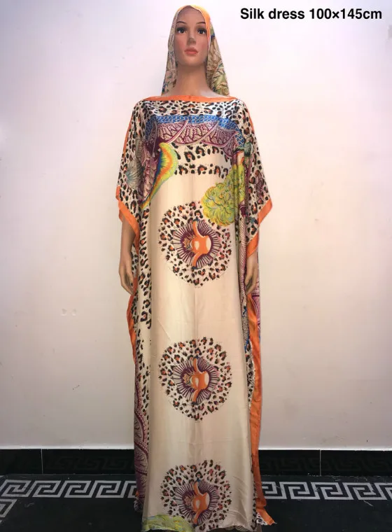 

African Dresses for women 2019 new elegant printed silk dress for women top fashion holiday summer silk dress match headtie