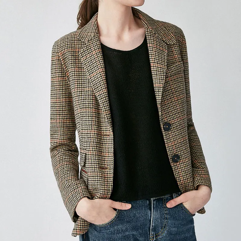 Plaid wool suit Female Autumn winter new feminino retro plaid jacket straight casual woolen jacket Suit Sheepskin Slim Blazer