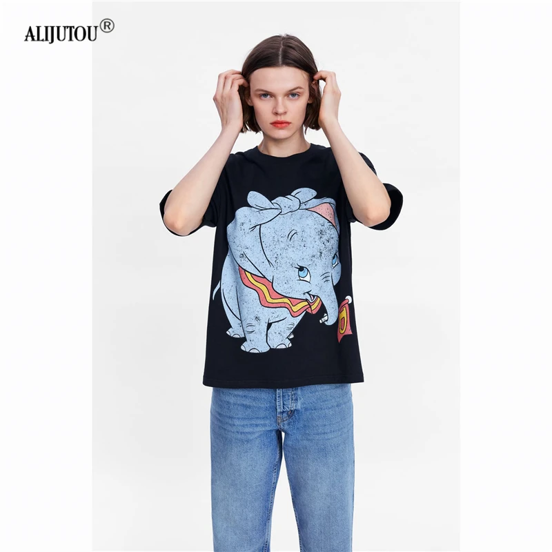 2019 zaraing Dumbo Woman t shirt Spring Summer Girls Print Short Sleeve O Neck Cotton Women Top Slim Fit Soft Quality Tops Tee