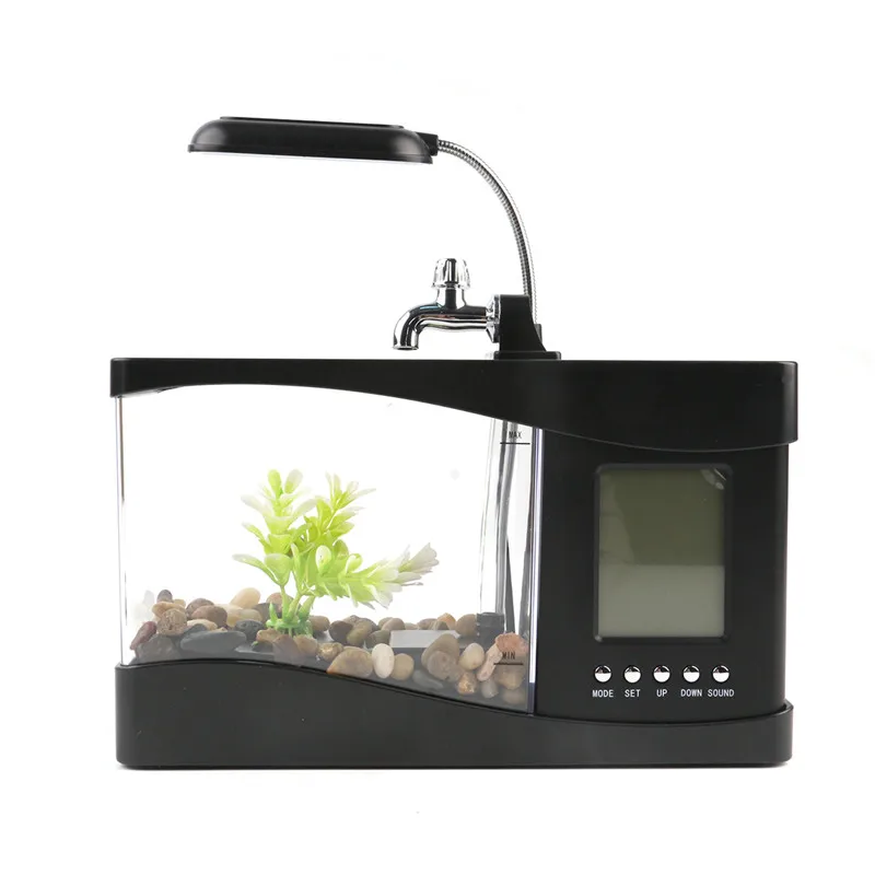  USB acrylic mini fish tank aquarium led lighting light with alarm clock for living room bedroom des - 32786069416