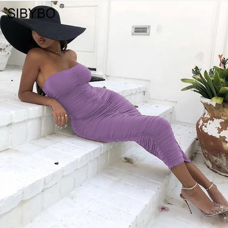 SIBYBO Strapless Pleated Sexy Bodycon Dress Off Shoulder Sleeveless Summer Party Dress Women Backless Beach Casual Women Dress