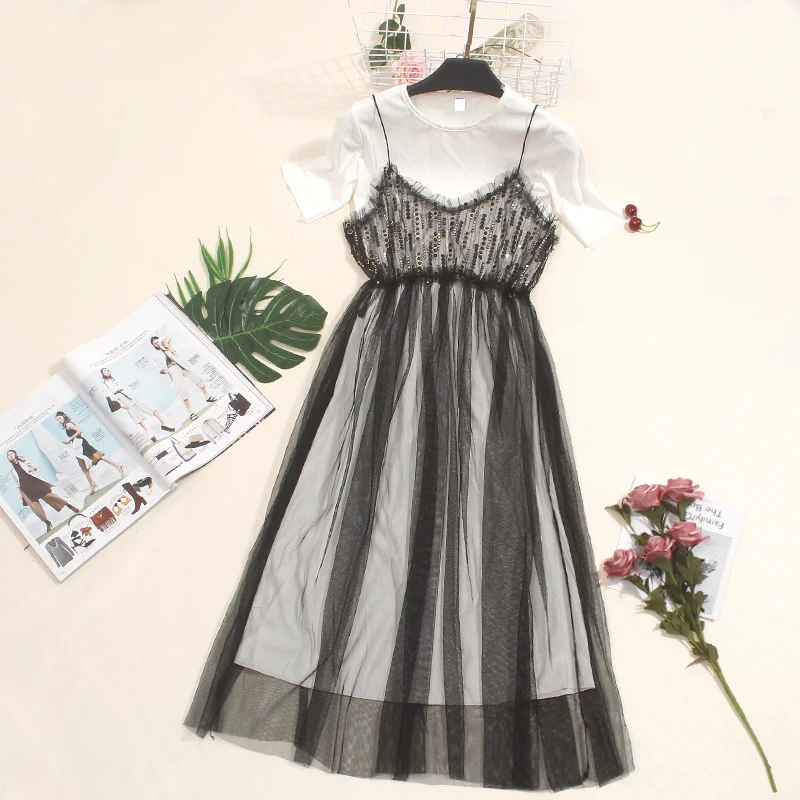 Женские летние платья из двух частей, милое платье-футболка с коротким рукавом+ Сетчатое платье на бретелях с блестками, женское длинное кружевное платье, Vestidos AB1435