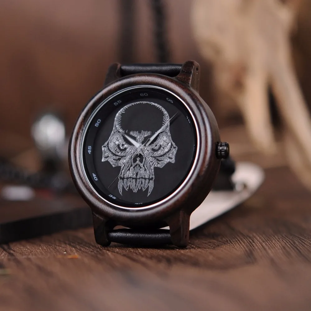 BOBO BIRD LP24 Men Ebony Bamboo Wood Watches Engraving Glass Halloween Skeleton Watches Men erkek kol saati