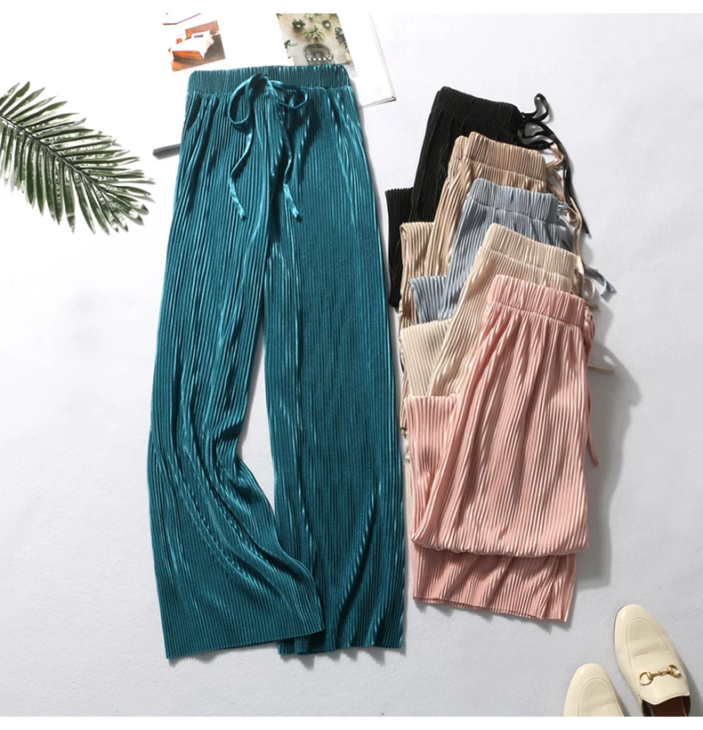 

6 Color Casual Pants New Spring and summer Solid Color Womens Pleated Wide Leg Palazzo Pants with Elastic Band