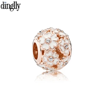 

2Pcs/Lot Rose Gold White Primrose Field Beads Rhinestone Flower Charms Bead Fit Brands Bracelet & Bangles Jewelry Gift Making