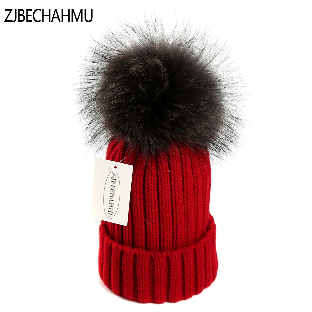 

ZJBECHAHMU Hats Winter Real Fox Fur Pompoms15cm Skullies Hat Men Women Solid Wool Acrylic Snapback Hats Caps Apparel Accessories