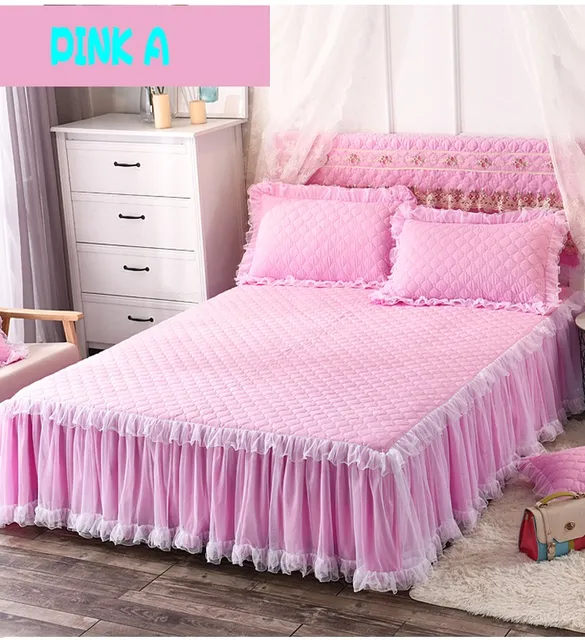 Pink Princess Lace Bed skirt With Cotton 1/3Pcs Girls Thicker Bedspread
