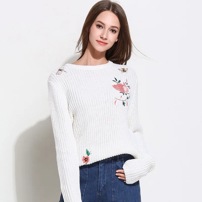 2019 новый плюс размеры для женщин вязаная одежда цветок вышивка пуловер свитер