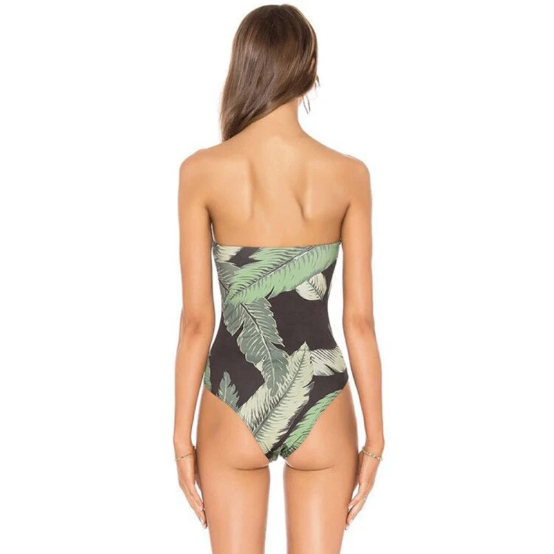 Billig 2019 Weg Schulter Einteiliges Bademode Frauen Push Up Badeanzug Weibliche Overall Liebsten Badeanzug Blatt Druck Sexy Bikini Strand