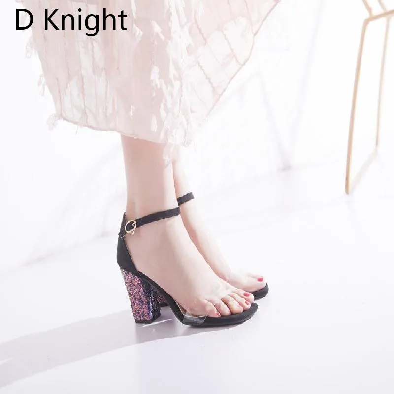 Big Size 52 Women Open Toe Strappy Ankle Strap Yellow Black Sandals Bling Transparent Clear Block Thick High Heel Sequined Shoes (20)