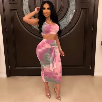 

2019 Women Two Piece Set Sleeveless Club Outfits Colorful Print Skirt Set Lace Up Package Hip Matching Sets