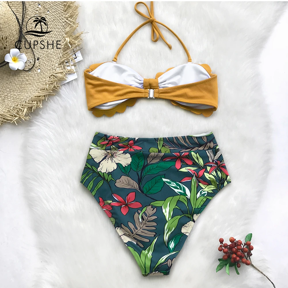 Comprar CUPSHE amarillo y Floral Tropical estampado de alta cintura Bikini conjuntos 2019 mujeres corazón cuello Halter dos piezas trajes de baño
