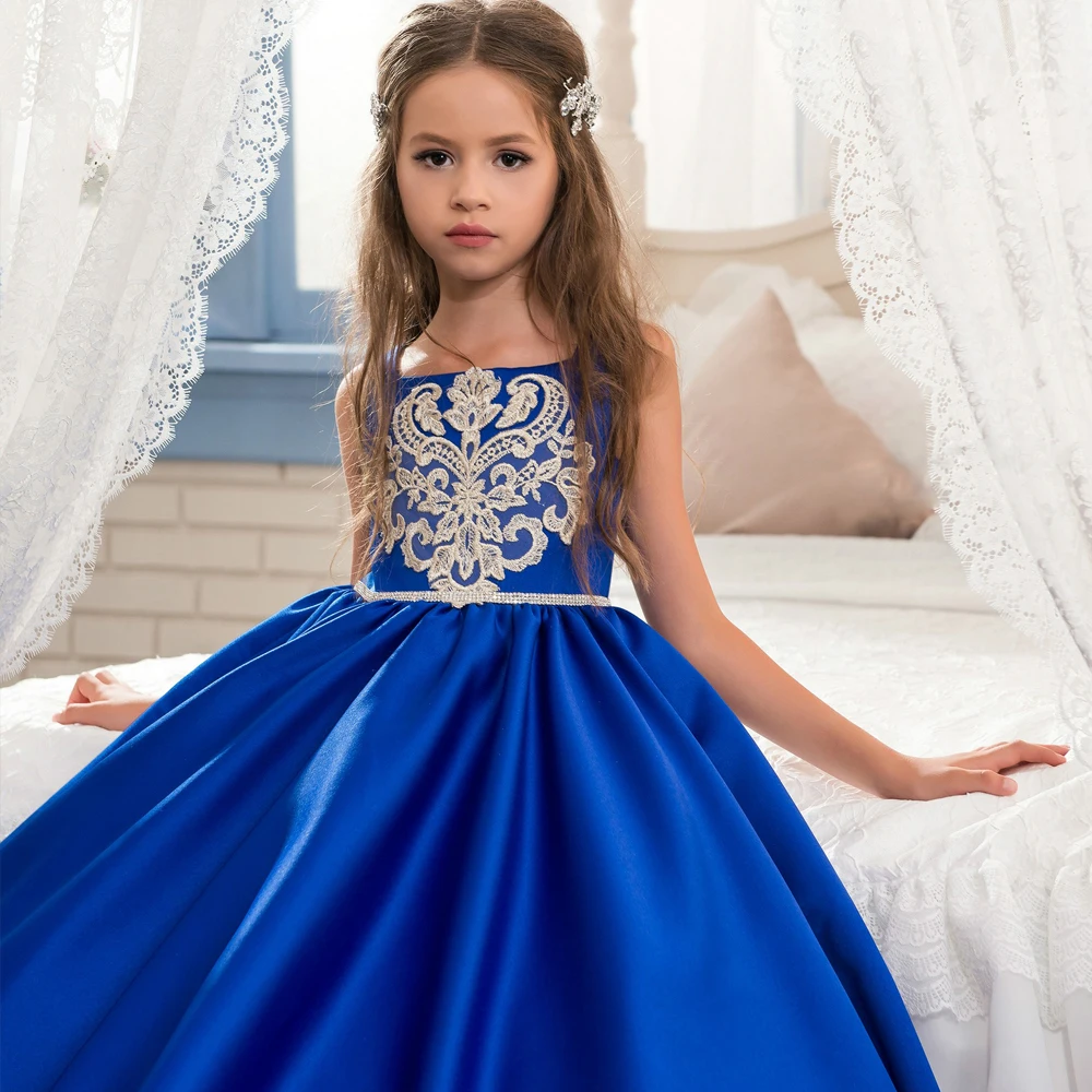 Классические синие платья с цветочным рисунком для девочек; spagetti; бальное платье на бретелях; платье для первого причастия; Возраст 2-12 лет