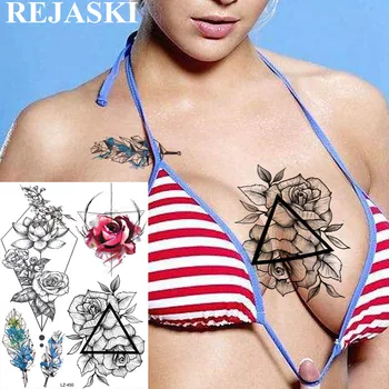 

REJASKI Big Rose Triangle Geometric Lotus Temporary Tattoos Sticker Feather Sexy Art Fake Tattoo For Women Diamond Custom Tatoos