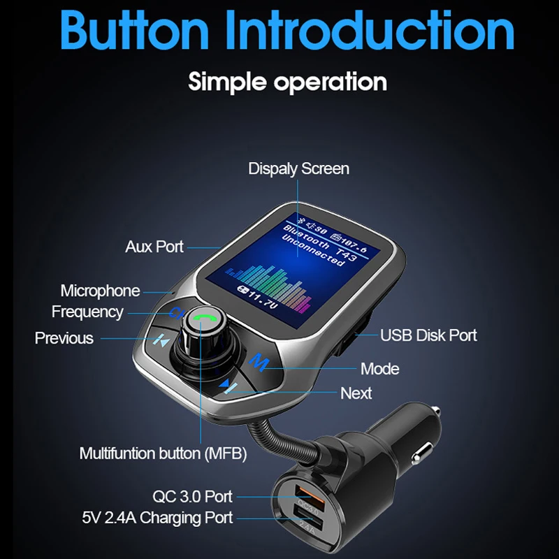 Автомобильный комплект громкой связи Bluetooth с цветным дисплеем 1 8 дюйма 3 USB порта