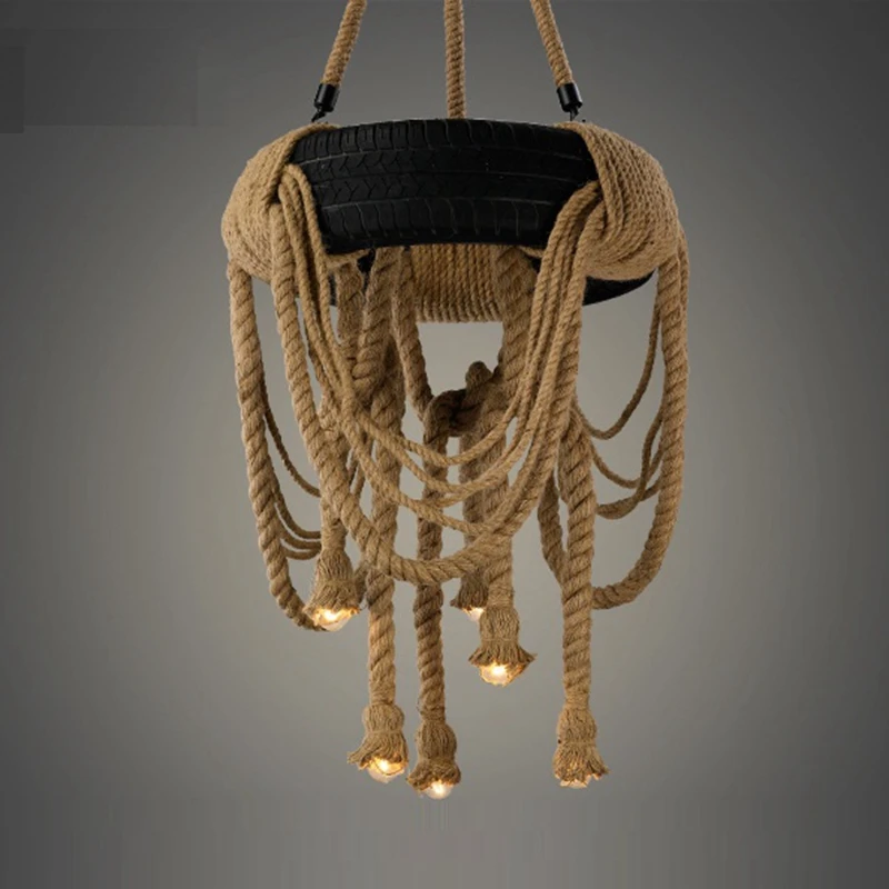 

Industrial Retro Loft Hemp Rope Tire Chandelier Light Pendant Edison Lamp Lighting Fixture for Home Cafe Bar Decoration