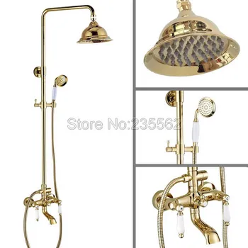 

Wall Mounted Gold Color Brass Bathroom Rain Shower Mixer Faucet Set with 6.3 inch Rainfall Shower Heads lgf376