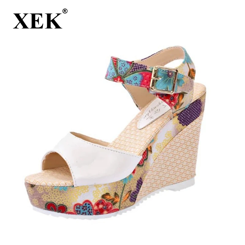

XEK Women Sandals Summer Platform Wedges Casual Shoes Woman Floral High Heel Open Toe Slippers Sandal GSS80