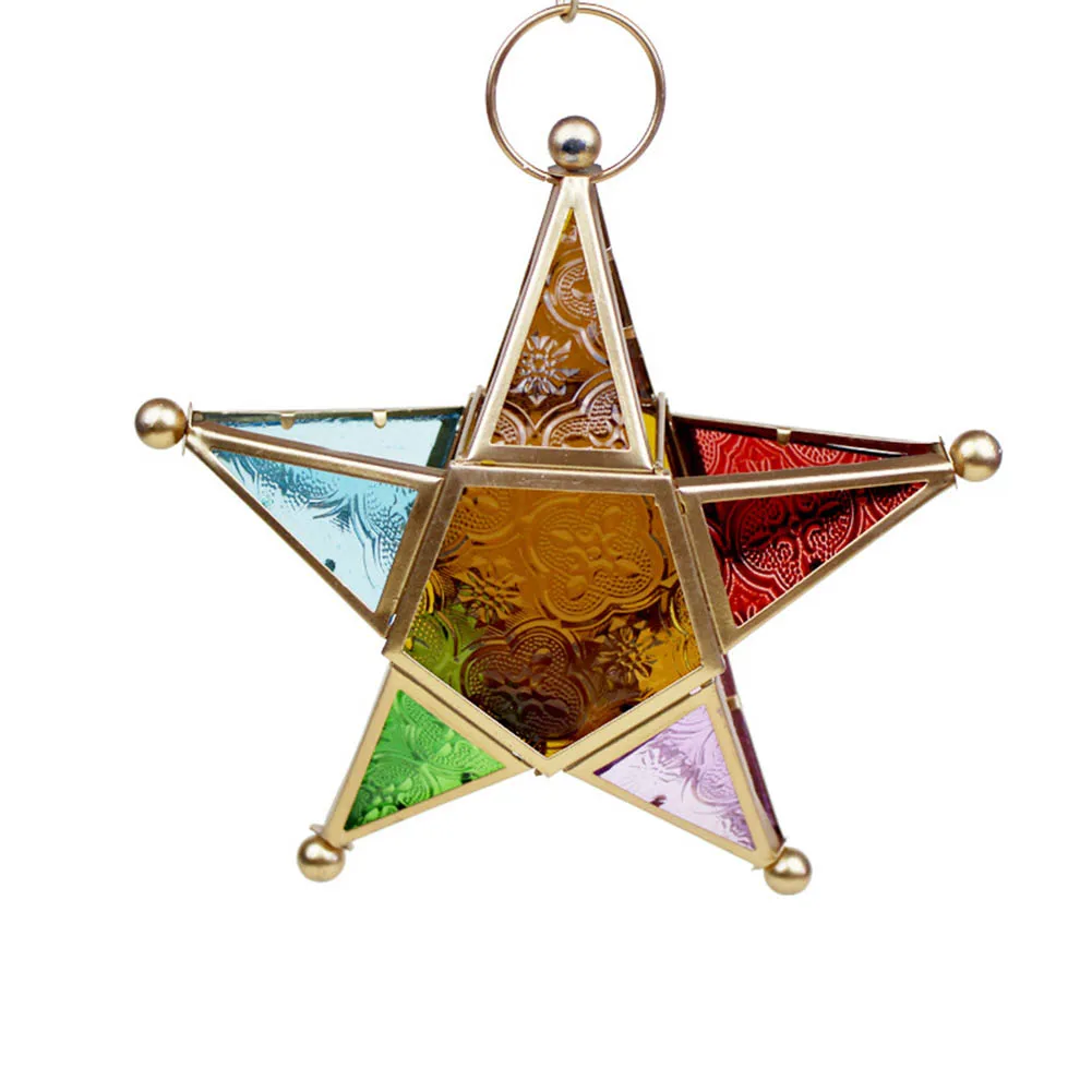 Five-pointed Star Candle Holder Moroccan Style Hanging Glass Metal Lantern TN99 - Цвет: Gold