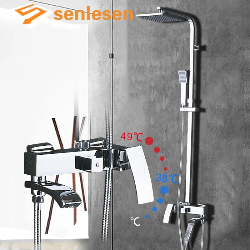 Senlesen Chrome Shower Faucet Set Wall Support Waterfall Tub