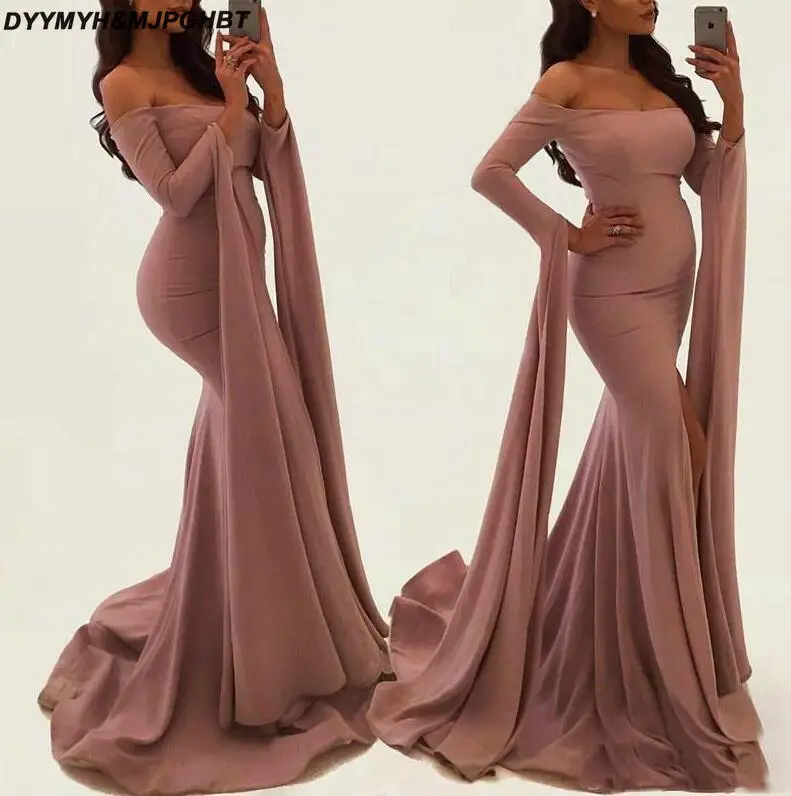 Unique Design Mermaid Evening Dresses Off Shouder Arabic Long Sleeve Satin Prom Dresses Party Gowns Formal Robe De Soiree_