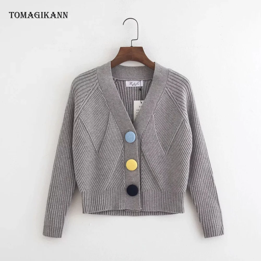 Women Gray Short Sweaters 2018 Autumn Casual Colorful