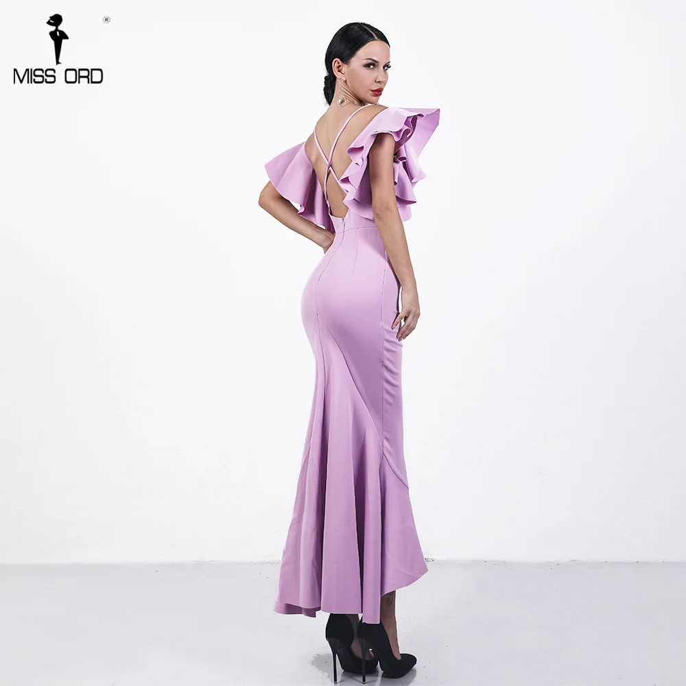 

Missord 2019 Sexy Dress Butterfly Sleeve Backless Cross Dresses Female Solid Color Ruffles Party Dress FT18451-1