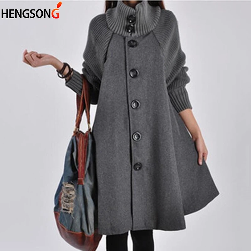 Spring Autumn winter cloak knit Warm Woolen Coat Female single-breasted windbreaker long-sleeved high trench Coat streetwear