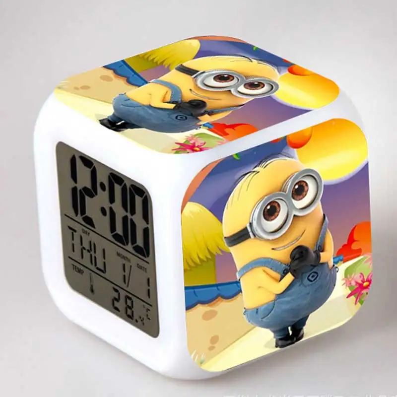 

Minions Juguete Cartoon Movie Despicable Me Alarm Clock Colorful LED Touch Glow light Minion PVC Action Figure Toys for Children
