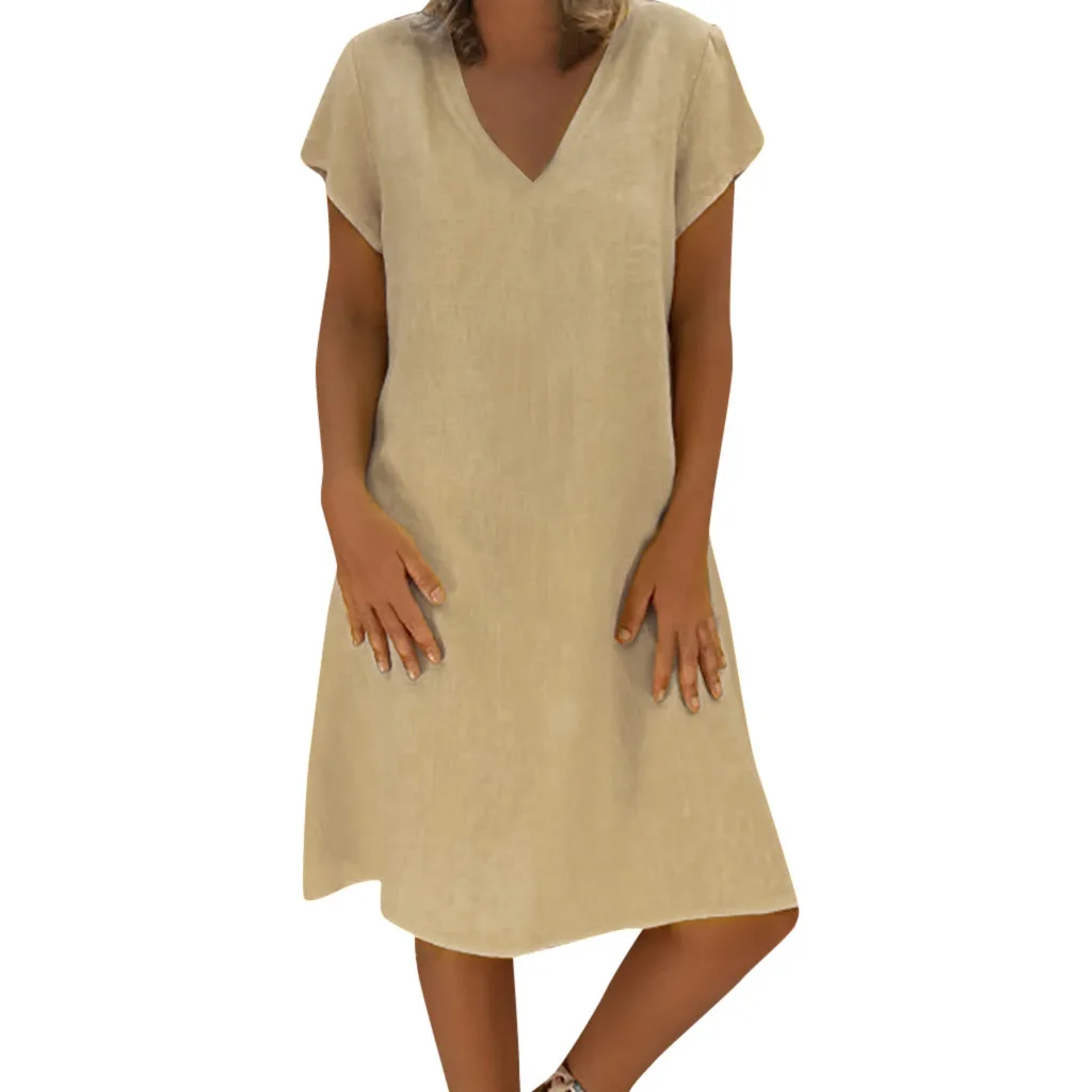 

Summer New Casual V-Neck Cotton and Linen Dress Women Summer Style Feminino Vestido Cotton Casual Plus Size Ladies Dress #30