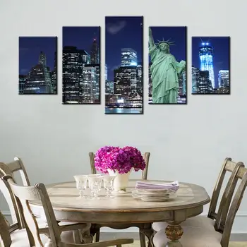

Statue Of Liberty Empire State Famous Building Wall Art Canvas Print Night Painting Landscape Posters and Prints Wall Decoration
