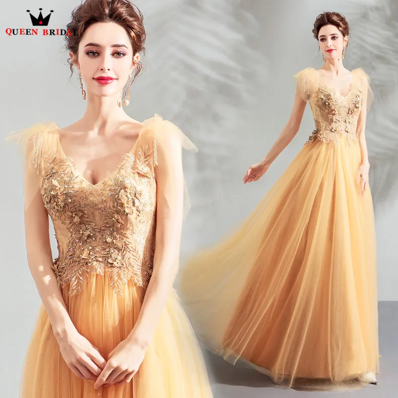 

A-line V-neck Tulle Lace Beading Flowers Yellow Long Formal Evening Dresses 2018 New Arrival Evening Gown Robe De Soiree JU32