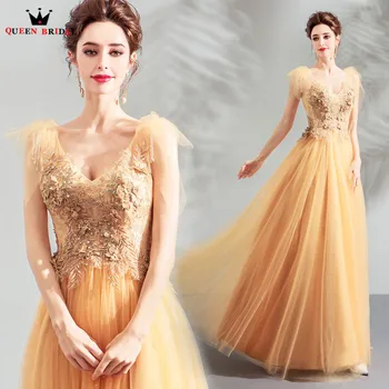 

Custom Made A-line V-neck Tulle Lace Beading Flowers Yellow Long Formal Evening Dresses 2020 New Arrival Evening Gown JU32