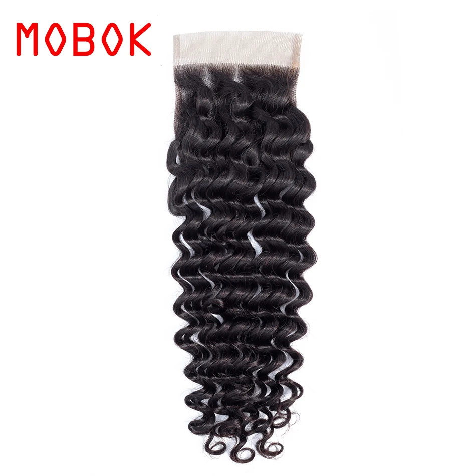 MOBOK Deep Wave Brazilian Human Hair 4*4 Lace Closure Free/Middle/Three Part Non-Remy Natural Color Free Shipping | Шиньоны и парики