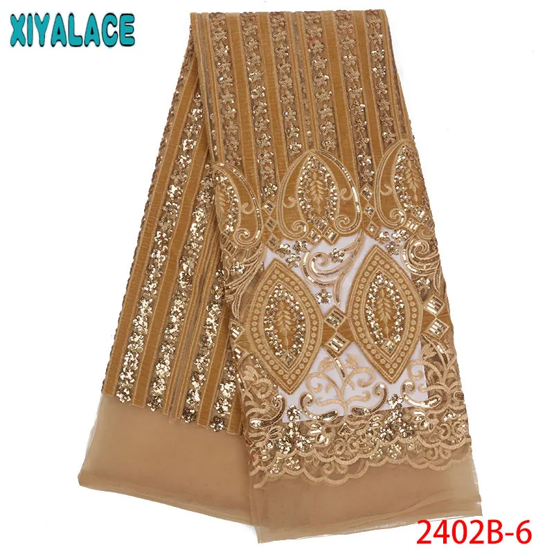 

Golden Sequins Velvet Lace Fabric 2018 High Quality African French Sequence Lace Fabrics For Evening Party Dress QF2402B-6