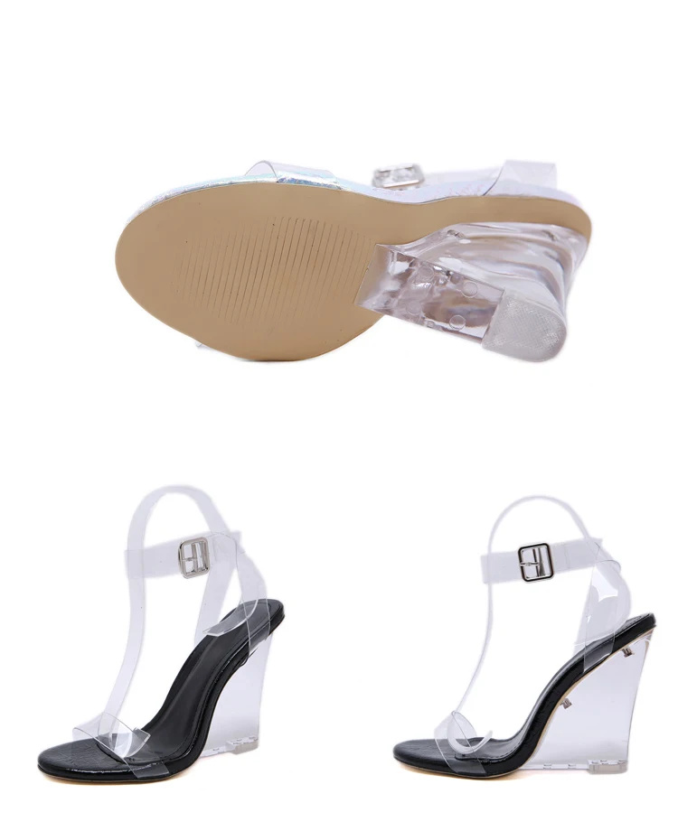 Eilyken/Модные Качественные босоножки с ремешком и пряжкой на щиколотке; Цвет серебристый, черный; Высокий каблук из плексигласа; прозрачные босоножки на танкетке из ПВХ; размер 40