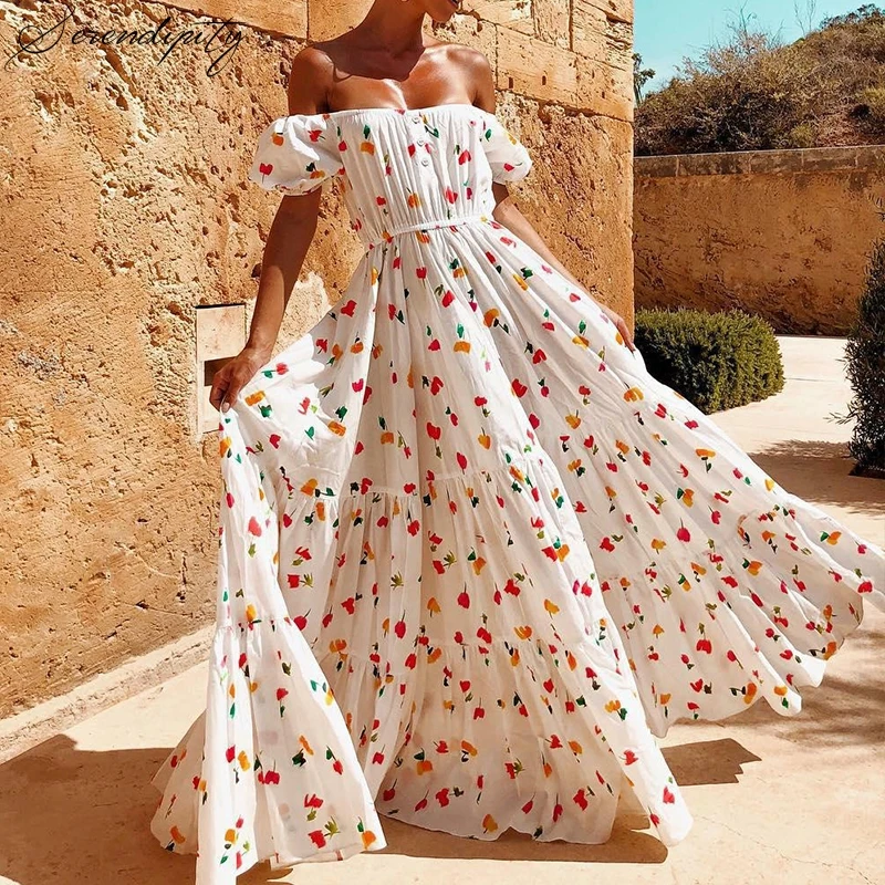 

SRDP Lady Sexy Off Shoulder Floral Print Party Dress Women Summer Short Sleeve Boho Maxi Dress Slash Neck Long Beach Dress 2019