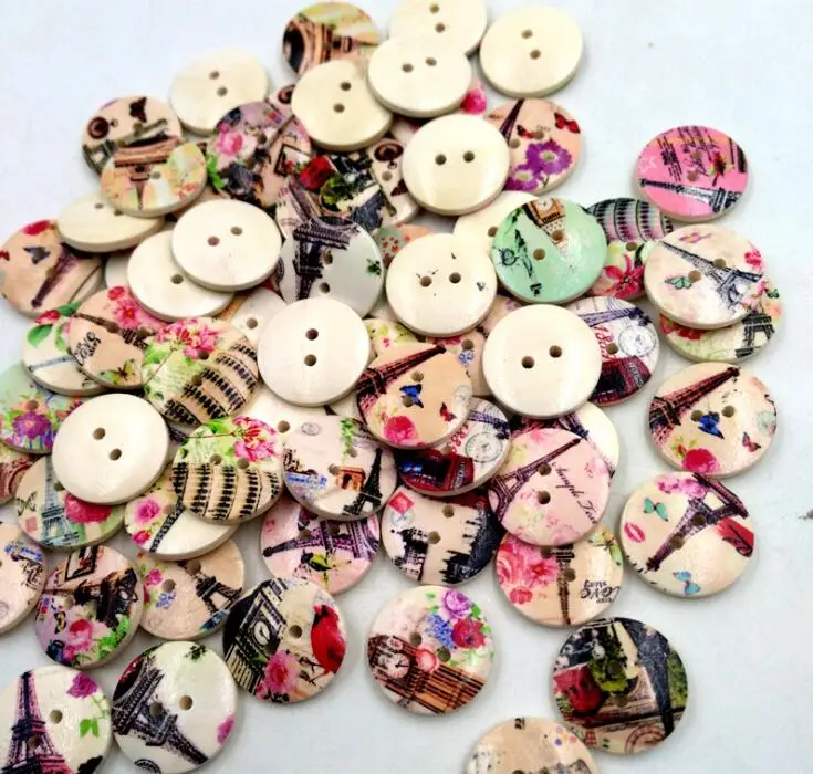 buttons DIY scrapbooking 100pcs 20mm Mix patterns cute wood buttons