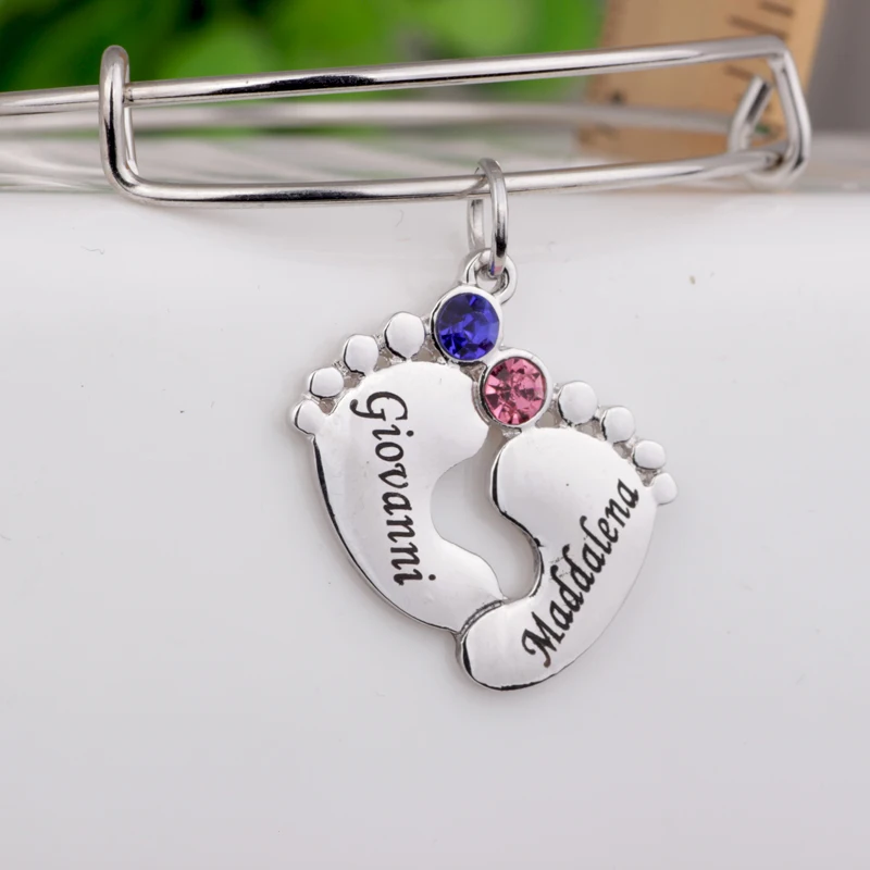 

Baby Feet Bangle Custom Made Names & Birthstones Birthday Gift for Mom and Kids Can Drop Shipping YP3052