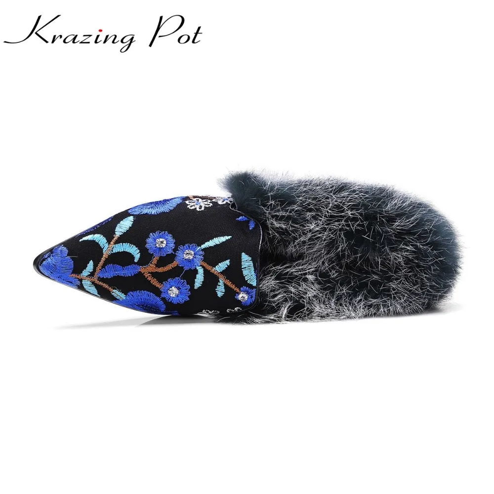 

KRAZING POT new vintage flock embroidery rabbit fur warm original design winter shoes pointed toe big size cozy brand shoes L4f1