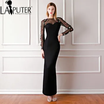 

LAIPUTER 2018 Black Long Sexy Evening Dresses High Collar Pencil Style Women Prom Dress with Long Sleeves