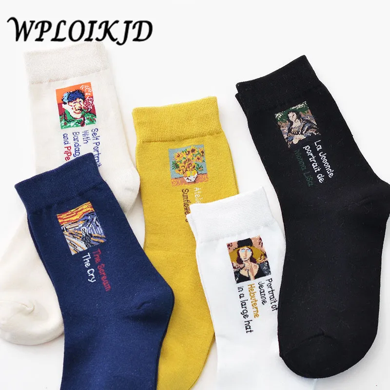 [Wploikjd] Для женщин Япония хлопковые Повседневное искусство Harajuku с принтом слово смешные носки абстрактные символы милые Креативные носки для Sokken, носки